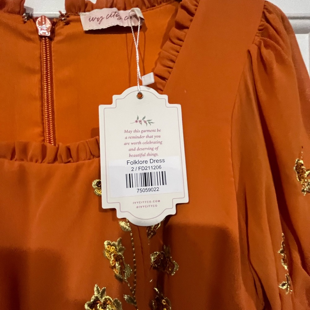 Ivy City Co "FOLKLORE" Maxi Dress Orange with Gold Embroidery - Picture 4 of 4